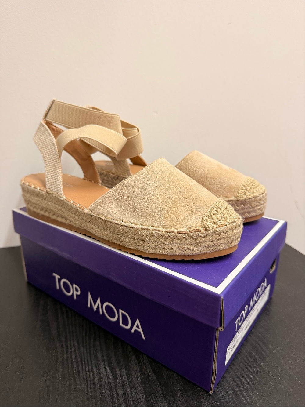 TOP Moda Beige Espadrille Platform Sandals with Elastic Ankle Straps